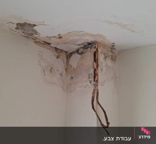 תקרה פגומה עם קילופי צבע וחלודה